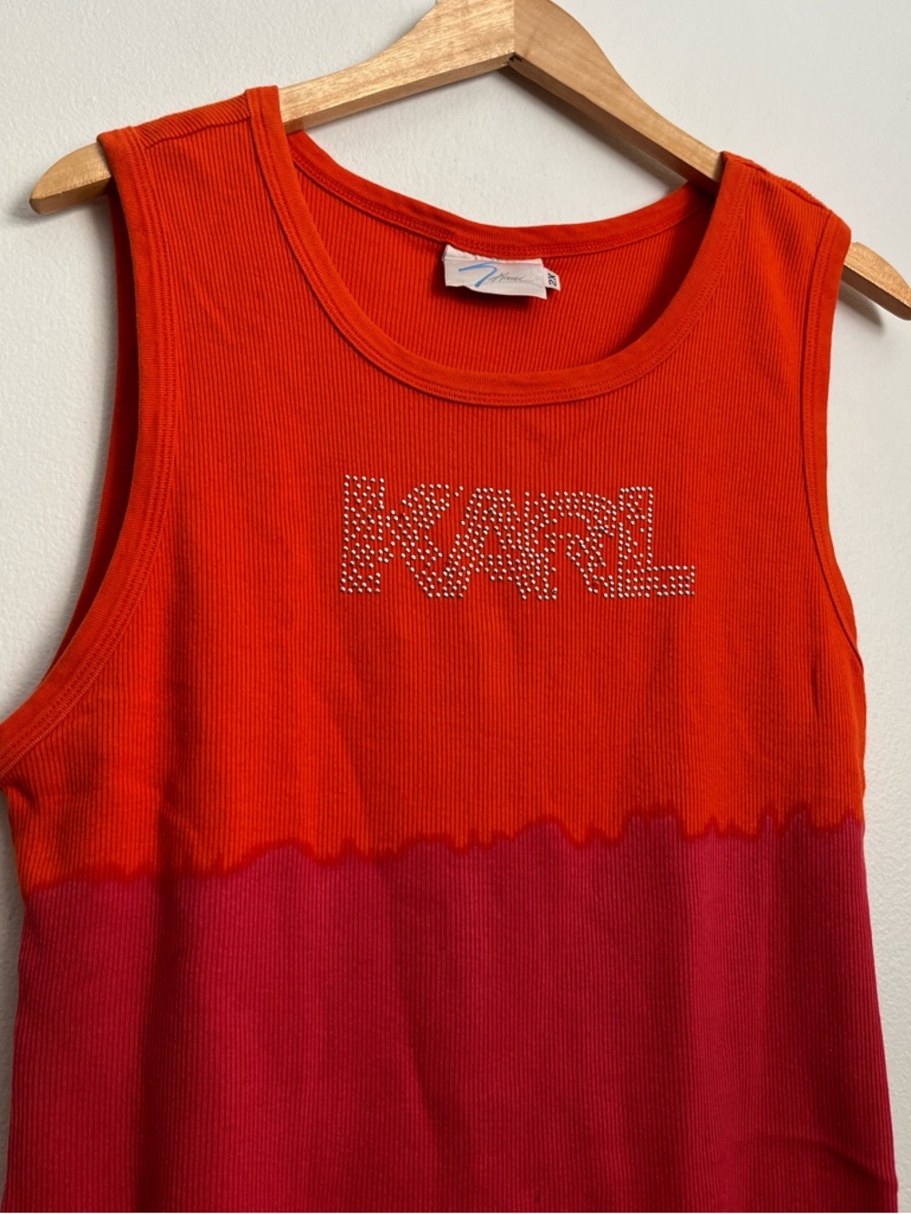 VTG Y2K Karl Rhinestone Logo Two-Tone Ribbed Tank Top - M - Picture 3 of 15